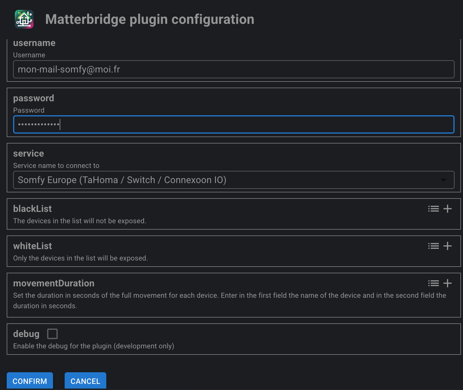 Somfy TaHoma plugin config info